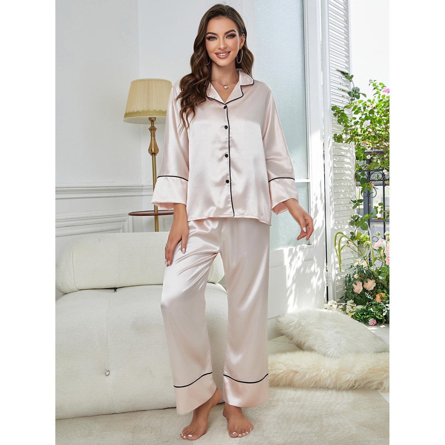 Long Sleeve Pajama Set Button Up Shirt And Pants Lounge Sets Sleepwear